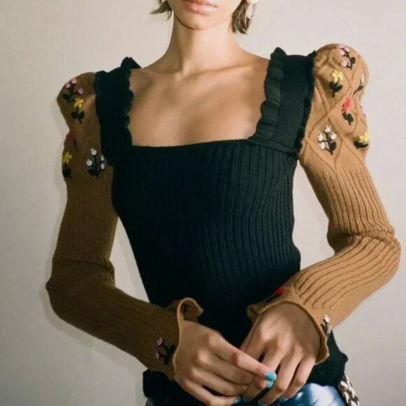 CORMIO Oma Sweater Sz Large Brown Black Cashmere Merino Wool Embroidered - Picture 1 of 11